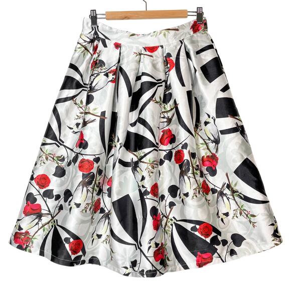 Y2K Artsy Pinup Floral Bird Rose Print Full Skirt Womens L Rockabilly Girly - Picture 1 of 9